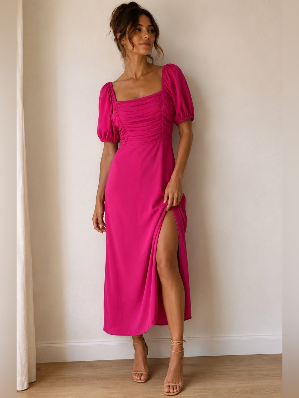Fuchsia Puff-Sleeve Midi Dress